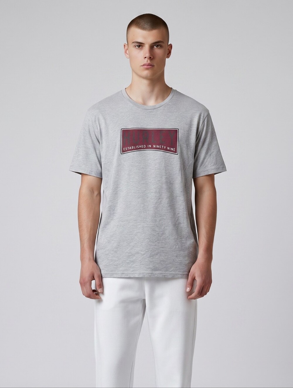 Hurley Men's Light Gray Short Sleeve Tee with Red Logo Panel